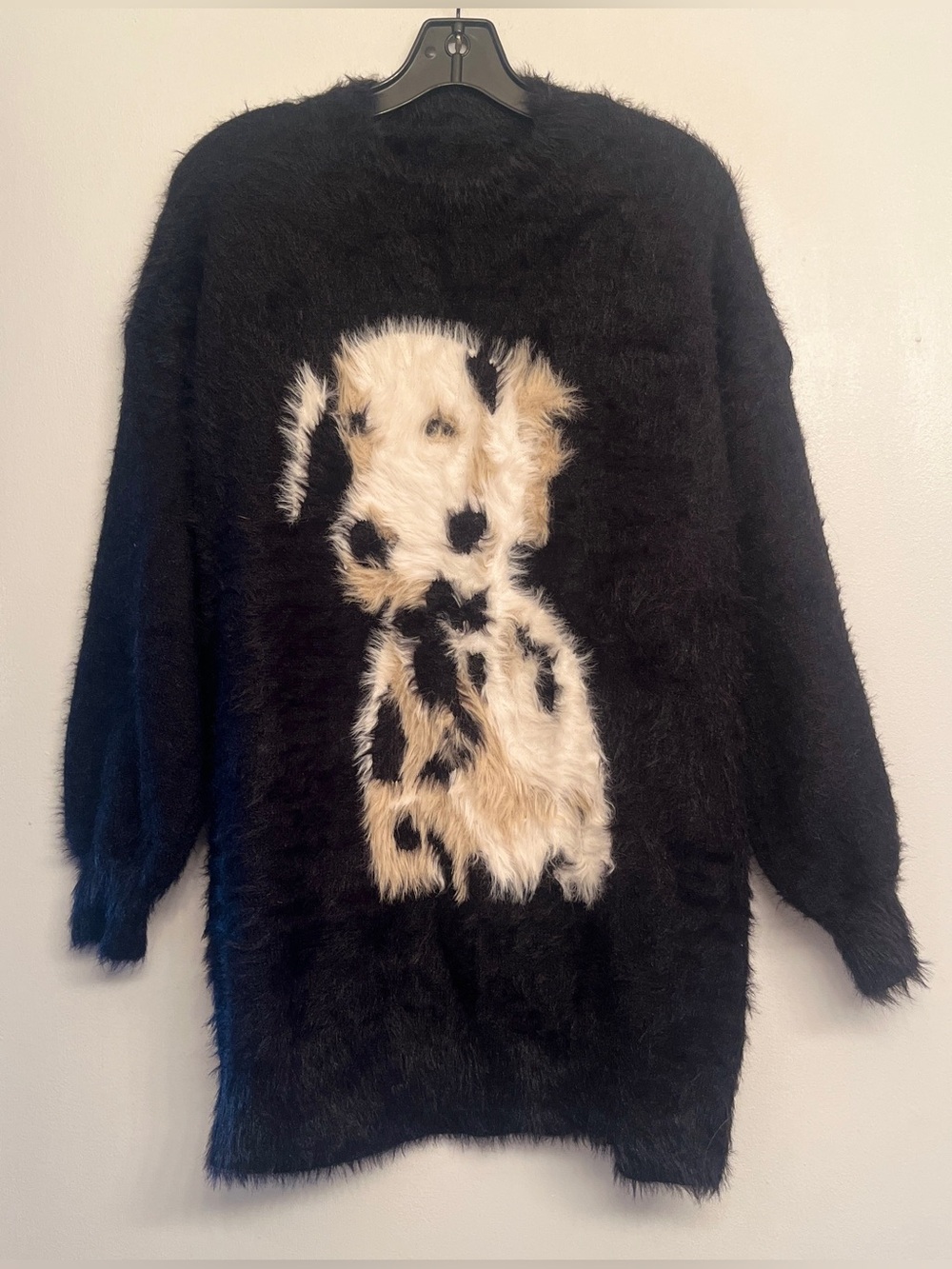 Fuzzy Dalmatian Dog Graphic Knit Sweater - Black / White Oversized One size.